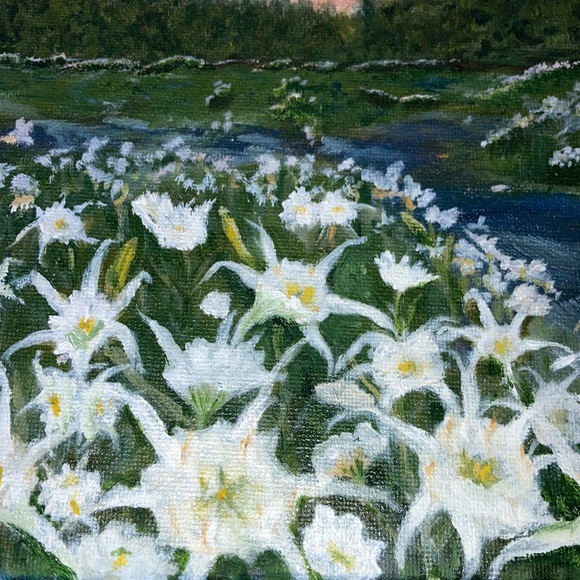 HANDCRAFTED OIL by me of Cahaba Lillies blooming in river, 8 x 10”. $260 - Picture 5 of 7